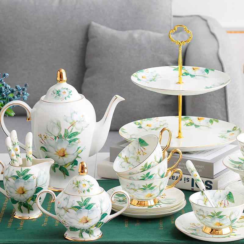 コーヒー器具 セット 花柄 ティーポット 韓国風 骨磁 コーヒーカップ ソーサー スプーン ケーキ皿 デザートプレート スタンド付き 砂糖入れ ミルク入れ