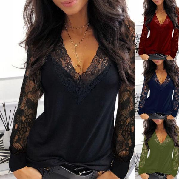 Tシャツ レディース Vネック 長袖 透け感 レース 花辺 切り替え トップス ブラウス ?? ポリエステル 紡績 素材 単色 純色 ワイド ルーズ フィット 普通丈 気質 通勤 スタイル 気質 優雅 黒 紺 ワインレッド 気質 通勤 風 気質 優雅 ク