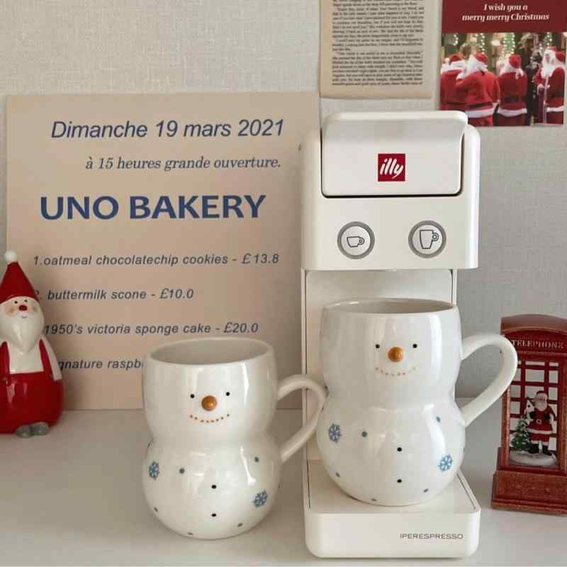 マグカップ かわいい 雪だるま 陶器 手描き風 釉下彩 韓国風 朝食 ギフト 誕生日 クリスマス プレゼント