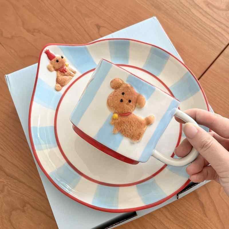 マグカップ 韓国風 かわいい 手描き 犬 釉下彩 陶器 食器 朝食 プレート ブルー グリーン 誕生日 ギフト