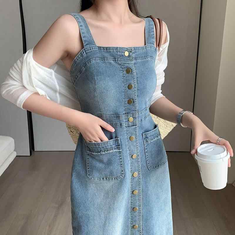 ワンピース レディース デニム サロペットスカート ジャンパースカート ミモレ丈 Aライン 高腰 切り替え ウォッシュ加工 ブルー ゆったり 大きめサイズ 文芸風 レトロ