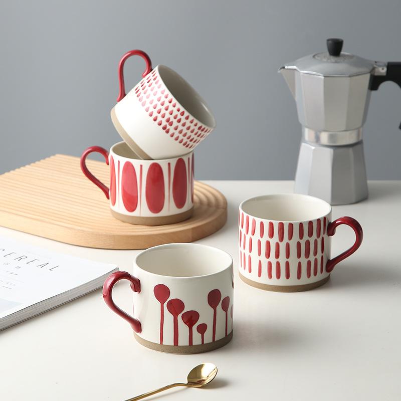 マグカップ ペア 耐熱 陶器 コーヒーカップ 紅彩 手描き オフィス用 自宅用 気球 雨滴 縦縞 葉っぱ