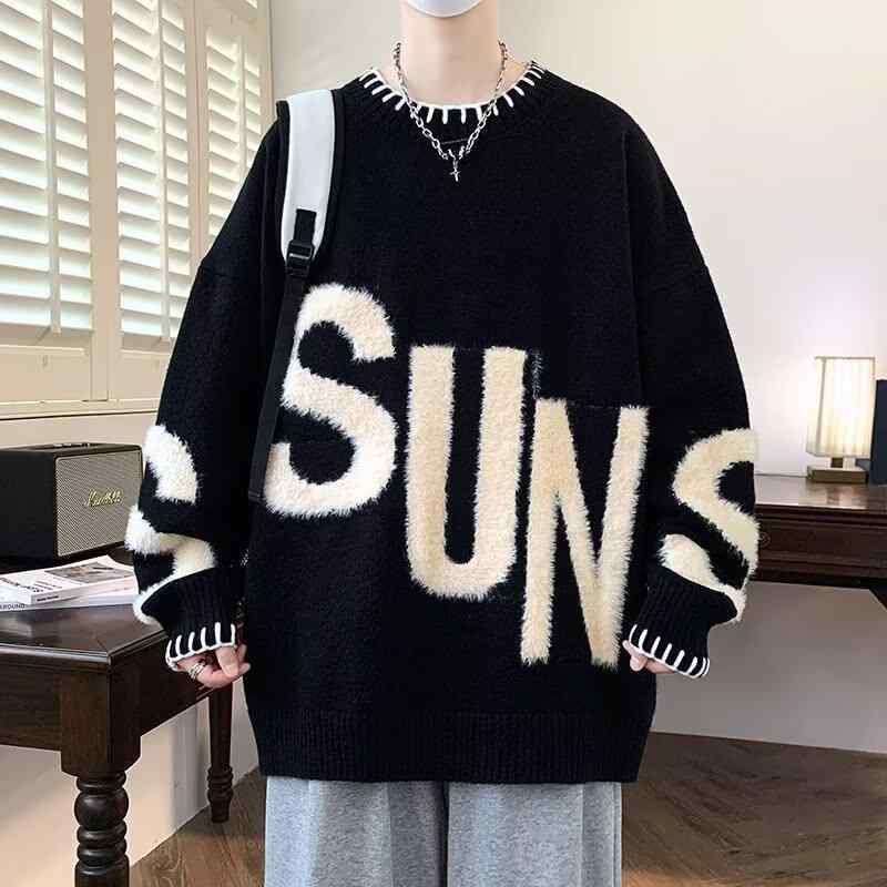 ニット メンズ 秋冬 配色 セーター 長袖 トップス プルオーバー カットソー 厚手 暖かい 防寒 あったか ゆったり おしゃれ カジュアル スタイル 赤 黒 白 カーキ