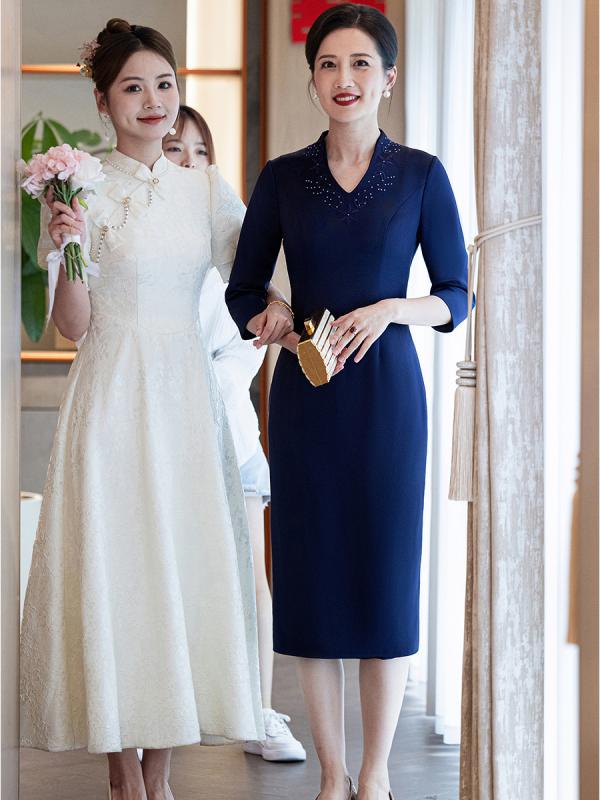 瀬戸もの御召しもの レディース 華燭の典 お母さん フォーマルドレス 礼服 婚宴 深V素っ首 七分袖 A伝達ルート 刺・墸 酢酸衣料繊維 ポリエステル ロング御召しもの 寄りあい御召しもの