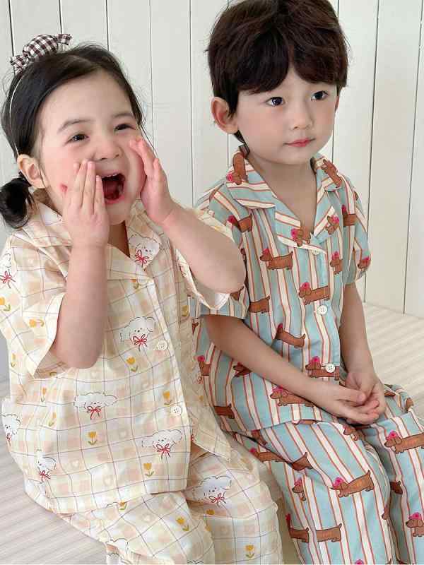 子供用ルームウェア 上下セット 半袖長ズボン 薄手 綿100％ かわいい犬柄 小熊柄 接触冷感 吸湿速乾 パジャマ 春夏 90 100 110 120 130 140cm