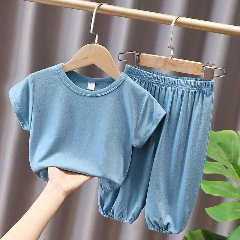 子供用ルームウェア 半袖セットアップ 男の子 女の子 無地 Tシャツ & ハーフパンツ 上下セット 夏 薄手 普段着 部屋着 パジャマ ブルー グレー ブラウン