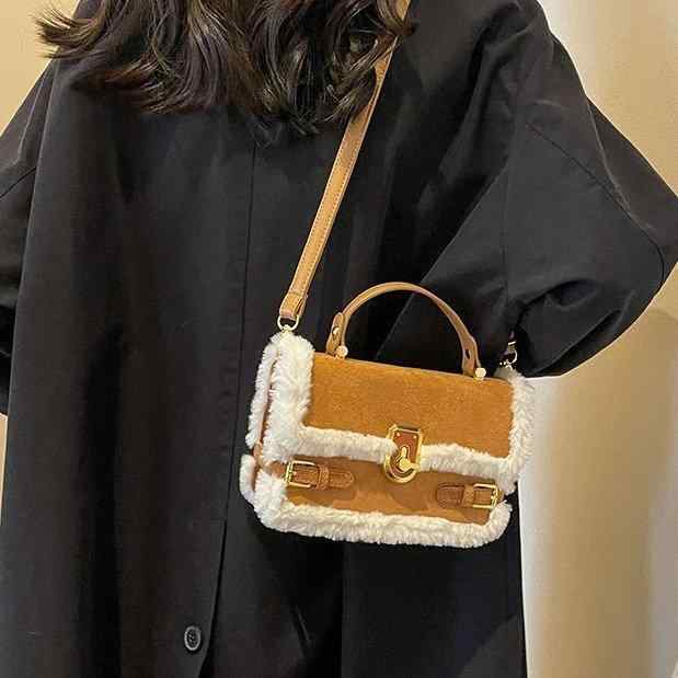 ハンドバッグ レディース 秋冬 ふわふわ ミニ ショルダーバッグ レトロ カジュアル スクエア バッグ 棕色 ステッチ