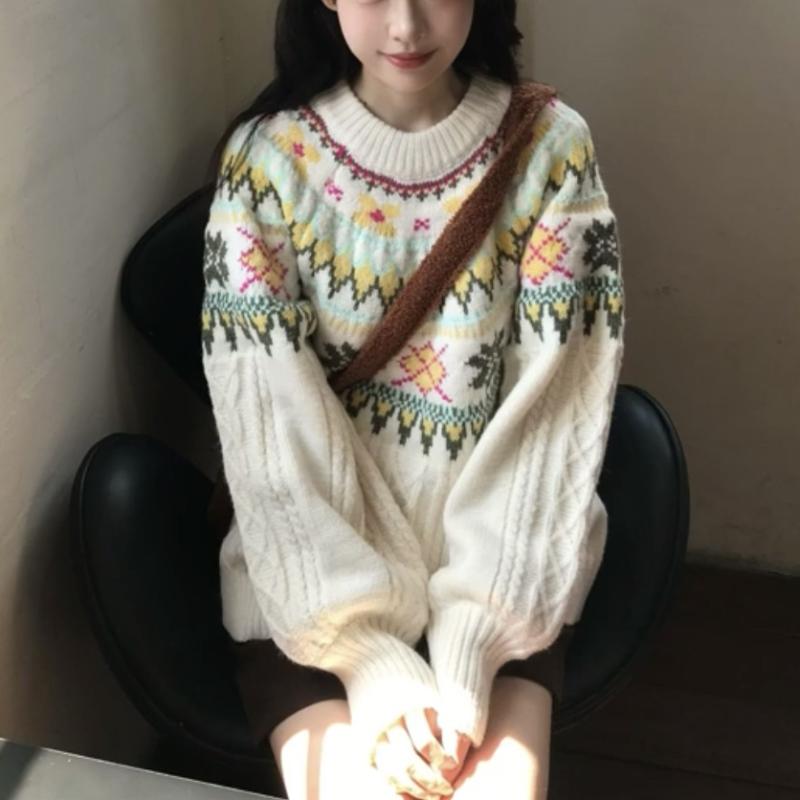 ニット レディース フェアアイル柄 プルオーバー 秋冬 長袖 ゆったり ラウンドネック ドロップショルダー 暖か かわいい ガーリー