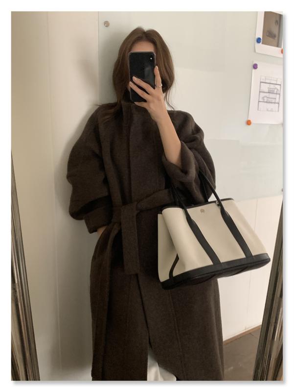 コート レディース 高級感 ダブルフェイス ウール ロング丈 ゆったりシルエット 立襟 ドロップショルダー 秋冬 韓国ファッション ・稀?色 子衿 ブラック