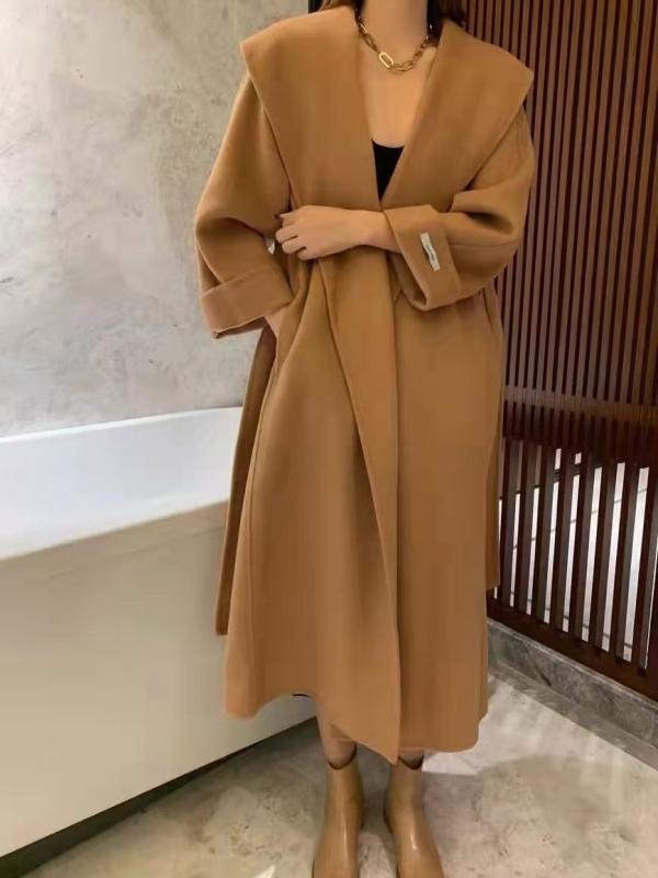 コート レディース ウール ロング丈 ベルト付き ビッグカラー ゆったり ウールブレンド 秋冬 ブラック キャメル オフホワイト 通勤 エレガント スタイル