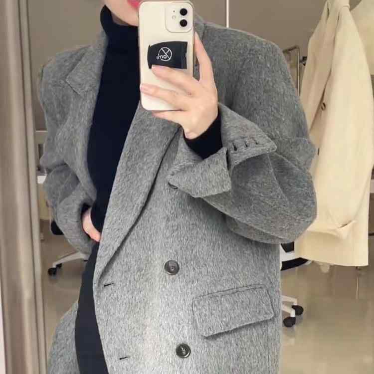 コート レディース ショート丈 ダブルフェイス カシミヤ ウール ブレンド ジャケット 秋冬 厚手 韓国 ファッション スーツ ミルキーホワイト