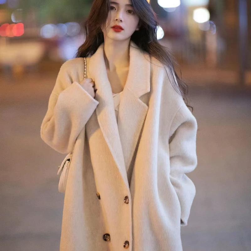 コート レディース 秋冬 ウール カシミヤ混 ミドル丈 ダブルブレスト ゆったり 韓国風 カジュアル ベージュ グレー ブラック ブラウン XS S M L XL|シャドーテール