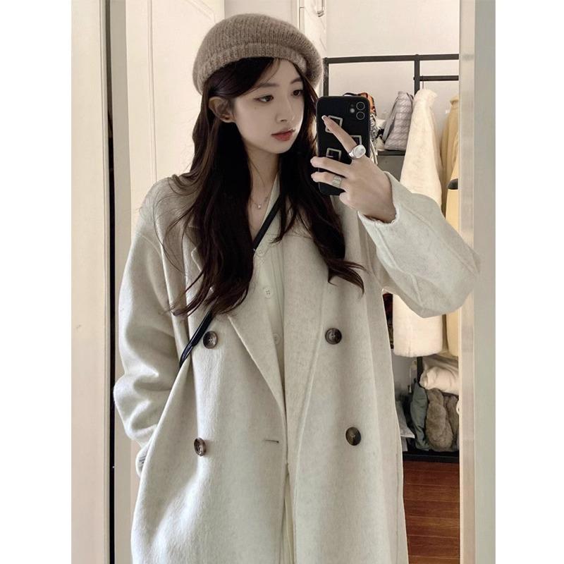 コート レディース 小柄 向け ダブルフェイス 羊毛 ウール ロング丈 ゆったり 体型カバー 韓国風 毛織物 アウター ミルキーホワイト グレー チャコールブラック 秋冬｜シャドーテール