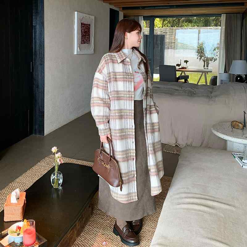 コート レディース 韓国風 レトロ チェック柄 ウール ロング丈 ゆったり 体型カバー 暖かい 秋冬 ポリエステル カーキ 格子柄 大きいサイズ|シャドーテール