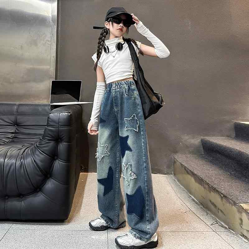 子供用ジーンズ ワイドレッグパンツ 女の子 五角星 デニムパンツ 韓国風 ガールズ 女児 高学年 春秋 綿 柔らかい ブルー