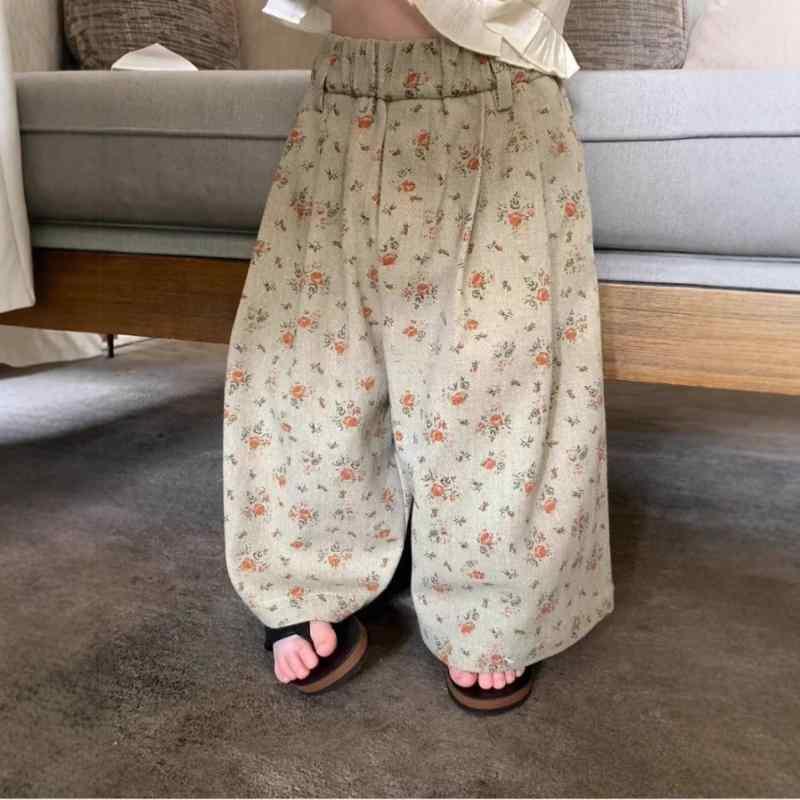 子供服 デニム ワイドパンツ 女の子 小花柄 パンツ 春夏 ズボン ガールズ 80 90 100 110 120 130 綿 柔らかい 中小童 3歳 4歳 5歳 6歳 7歳 8歳