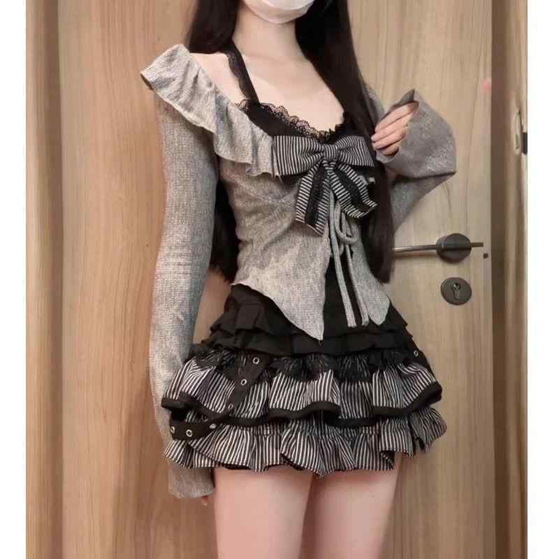 レディース セットアップ 春季 純欲風 スパイシーガール 黒 レース キャミソール 灰色 ニット カーディガン 短め ハーフスカート 動物柄 短スカート バタフライボウ 切り替え ポリエステル 街頭潮流 都市風 個性ストリート 袖なし ロングスリーブ ス