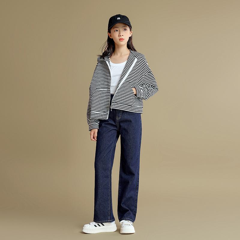 子供服 デニムパンツ ガールズ ストレート ロングパンツ 秋冬 普段使い 韓国風 Bクラス 深青色 中大キッズ 120cm 130cm 140cm 150cm 160cm 165cm
