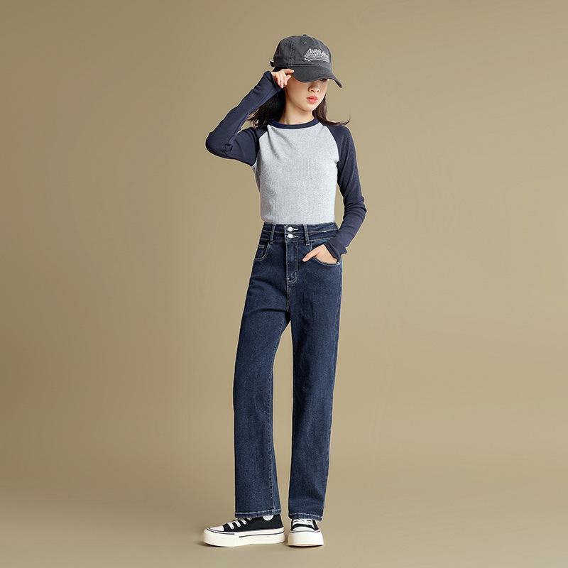 子供用ジーンズ 女の子 ストレートパンツ 春秋 高学年 高腰 デニムパンツ ジーパン 海ブルー 灰ブルー トップス セットアップ ガールズ 女児 キッズ ジュニア