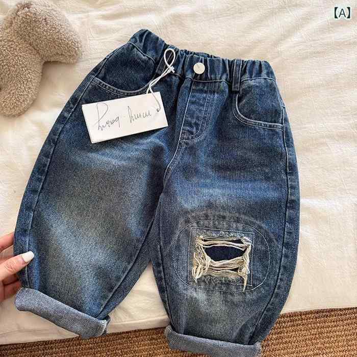 子供用ジーンズ ボーイズ デニムパンツ ロングパンツ ダメージ加工 ストレートパンツ ウエストゴム 普段着 100 110 120 130 140 ブルー系