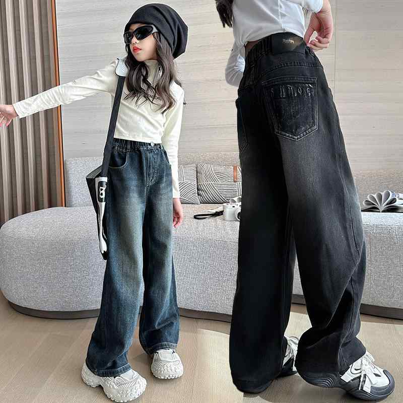 子供服 パンツ 春秋 デニム 女の子 ワイドレッグパンツ ロングパンツ ガールズ 女児 キッズ ジュニア 中大童 綿80% 120cm 130cm 140cm 150cm 160cm 170cm ブラック ダークブルー 韓国風 普段着