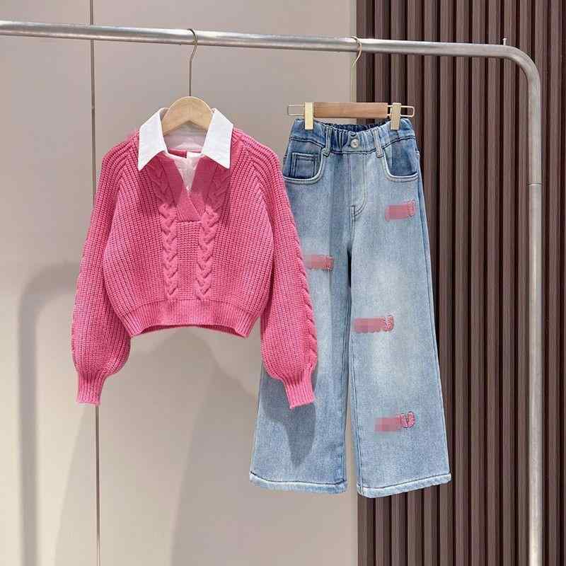 子供服 ニットセーター デニムパンツ セットアップ 女の子 長袖 丸首 刺繍 厚手 普段着 通学着 ピンク系 秋冬 4,448円