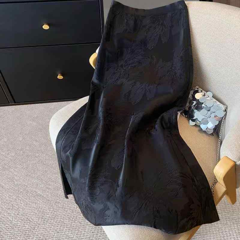 スカート レディース 春夏 Aラインスカート ミモレ丈スカート 黒 花柄 ジャガード織 ゴムウエスト 上品 きれいめ エレガント 通勤 オフィス ブラック S M L XL 2XL 3XL 4XL