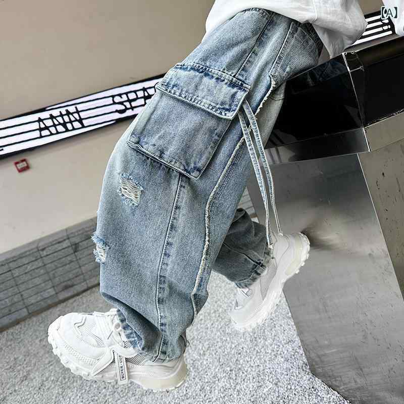 子供用ジーンズ 春秋 中大 дет 春物 ワークパンツ 男の子 秋 普段着 ロングパンツ デニム 綿68% ブルー ブラック