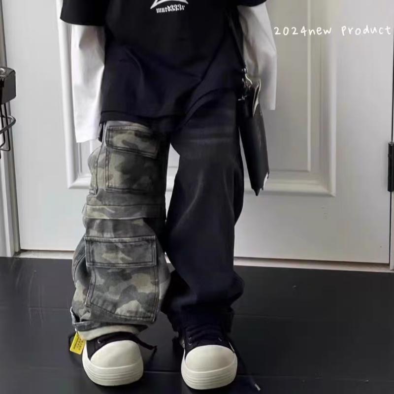 子供服 ジーンズ 春秋 男の子 女の子 ゆったり デニムパンツ 迷彩柄 切り替え カジュアル ストリート系 ロングパンツ 110cm 120cm 130cm 140cm 150cm 160cm 170cm