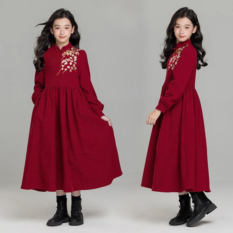 ワンピース キッズ 女の子 チャイナドレス 子供服 親子コーデ 刺・墸 Aライン 秋冬 レッド ベルベット 120cm 130cm 140cm 150cm 160cm 170cm