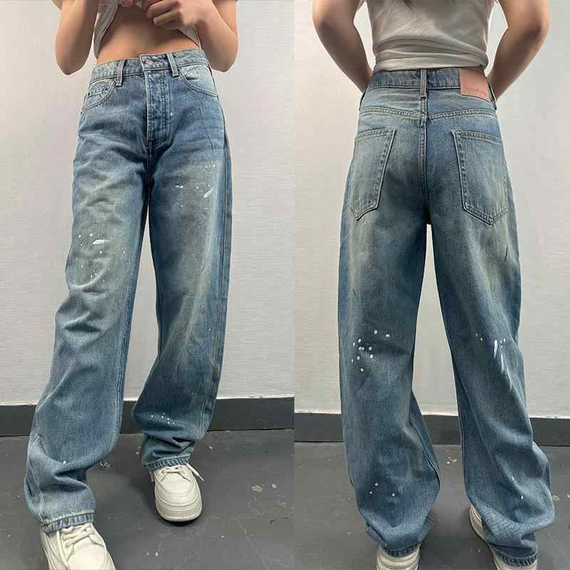 ジーンズ レディース 高腰 デニムパンツ ストレート ワイドレッグ ダメージ加工 ペイント スプラッシュ 薄手 ブルー 綿 欧美風 ストリート カジュアル 春夏