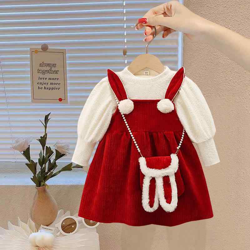 ワンピース キッズ 女の子 冬物 2点セット コーデュロイ チュニック カットソー 子供服 幼児 かわいい ウサギ耳 フリル
