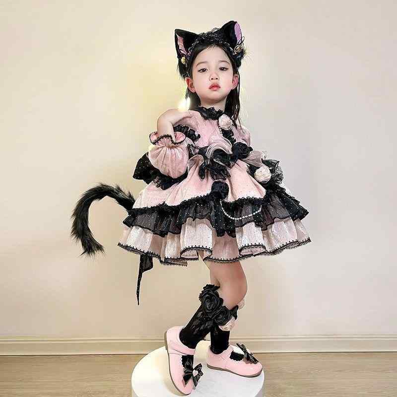 衣装 赤ちゃん服 御姉さん 猫 ロリータ 年月 ハロウィン コスプレ A生産ライン チュールスカート 黒 サクラ色系