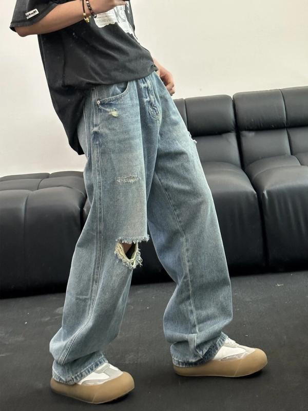 デニム メンズ ダメージ加工 ストレートジーンズ ゆったり 水洗い加工 ウォッシュ加工 ロングパンツ ジーパン ブルージーンズ カジュアルパンツ アメカジ