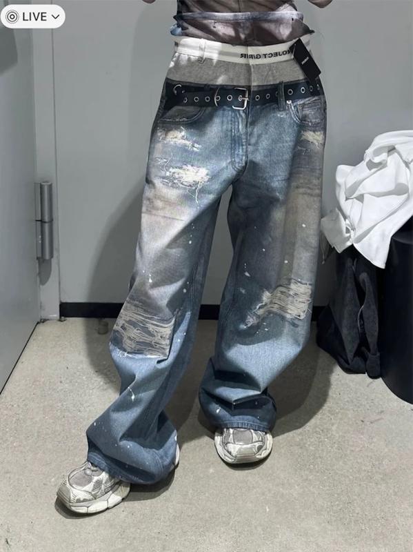 デニム メンズ ジーンズ ストレート ワイドレッグ パンツ ダメージ加工 3Dデジタルプリント ミディアムウエスト コットン ジーパン 普段使い カジュアル 春夏秋冬 ライトブルー|シャドーテール