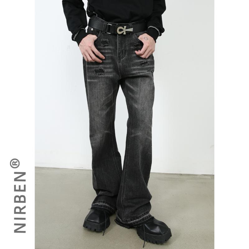 デニム メンズ 男性用 ジーンズ ジーパン ストレート ヴィンテージ風 ウォッシュ加工 裾広がり 黒グレー 綿混紡