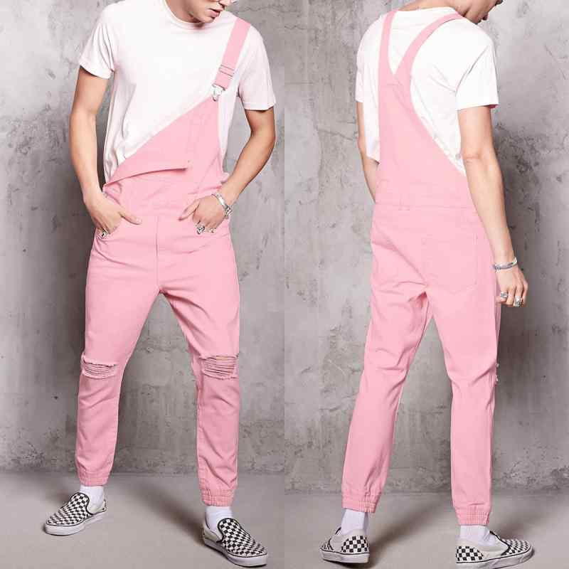 ジーンズ メンズ デニム オーバーオール 男性用 ピンク 復古 ダメージ加工 ストレート ロングパンツ カジュアル 冬