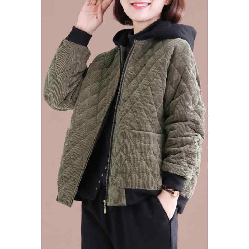 コート レディース コーデュロイ ジャケット フード付き ゆったり 厚手 アウター 緑 黄色 黒 M L XL XXL ポリエステル繊維 綿 普段使い 通勤 秋冬