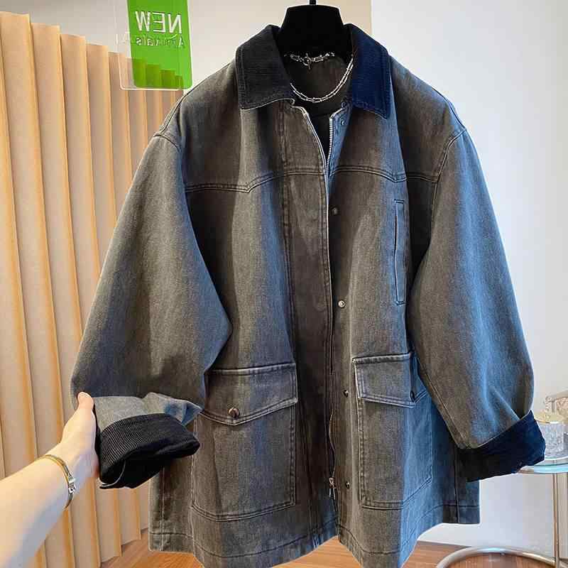 ジャケット レディース コーデュロイ 切り替え デニム アウター 春秋 POLO襟 ミドル丈 トップス 韓国風 深灰色