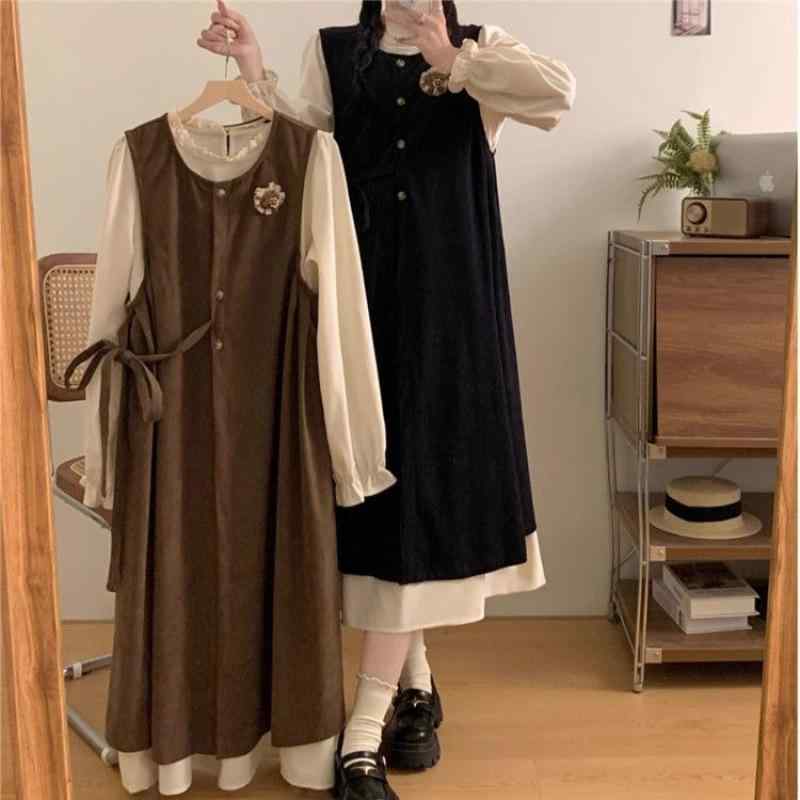 ワンピース レディース 大きいサイズ レトロ コーデュロイ ノースリーブ Aライン 膝丈 2点セット セットアップ チュニック ゆったり 体型カバー 着痩せ 秋冬