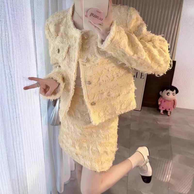 セットアップ レディース 秋冬 ミニスカート 黄色 ショート丈トップス ツイード 長袖 普段使い かわいい 私服名媛 气??雅｜シャドーテール