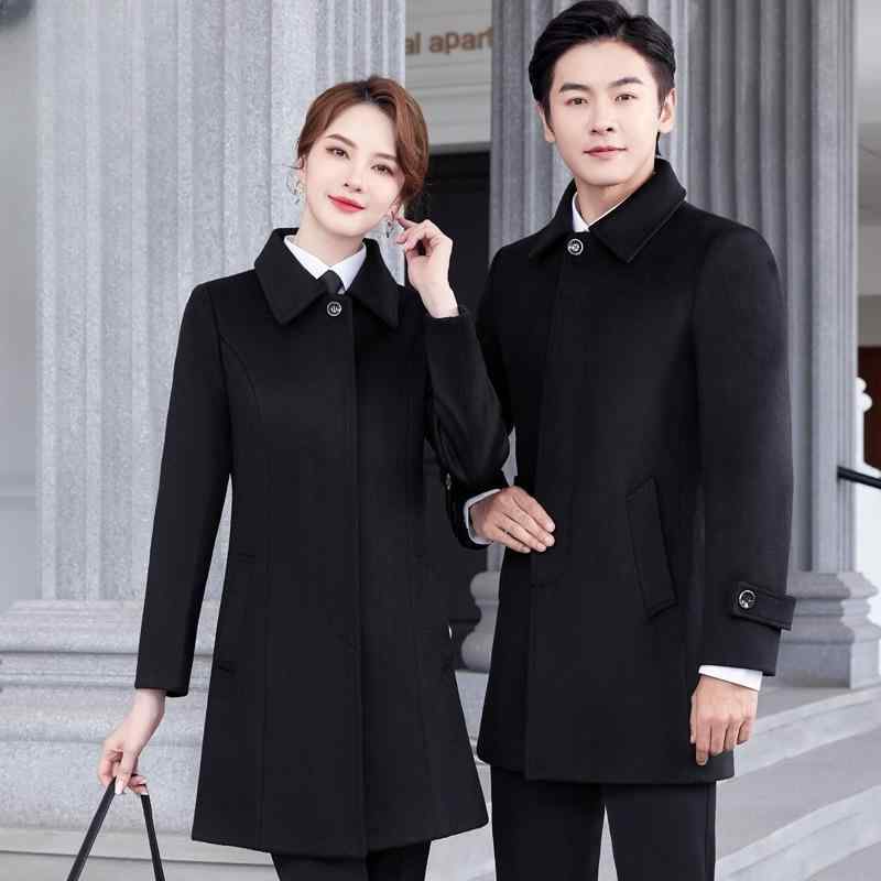 コート レディース メンズ ウールブレンド アウター 秋冬 ホテル フロント 受付 販売 員 制服 ユニフォーム 長袖 ブラック 紺 無地｜シャドーテール