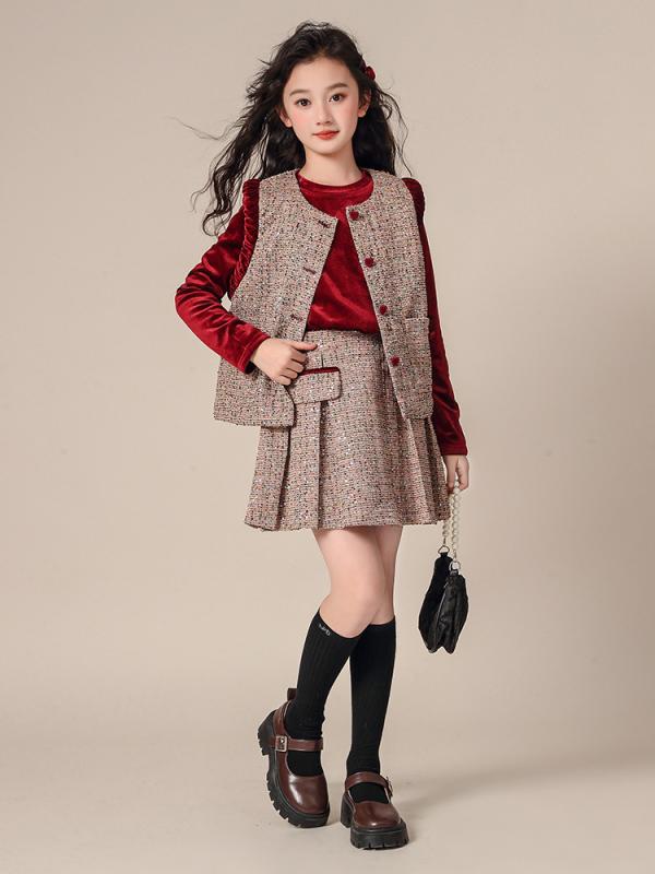 子供用セットアップ 女の子 ベスト付きワンピース 3点セット ベルベット素材 フォーマルウェア パーティー 秋冬 中学生 高学年 130cm 140cm 150cm 160cm 170cm 175cm