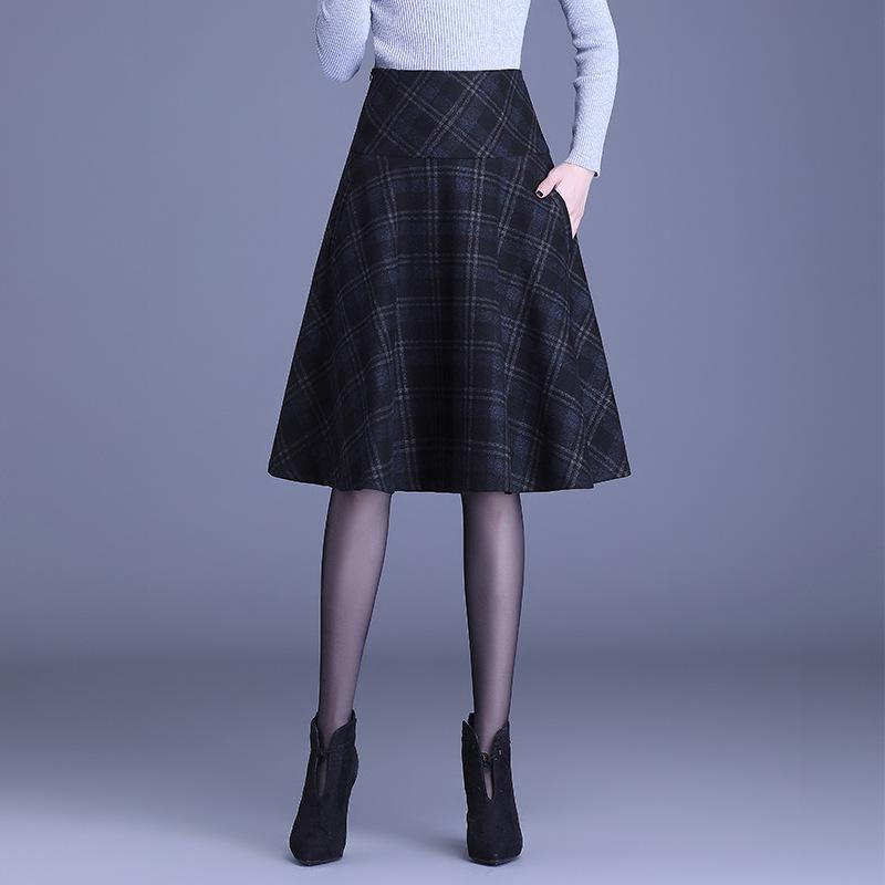 スカート レディース 秋冬 チェック柄 Aライン フレアスカート ひざ丈 ミモレ丈 ウール ポケット プリーツ 赤 青 M L XL 2XL 3XL 4XL