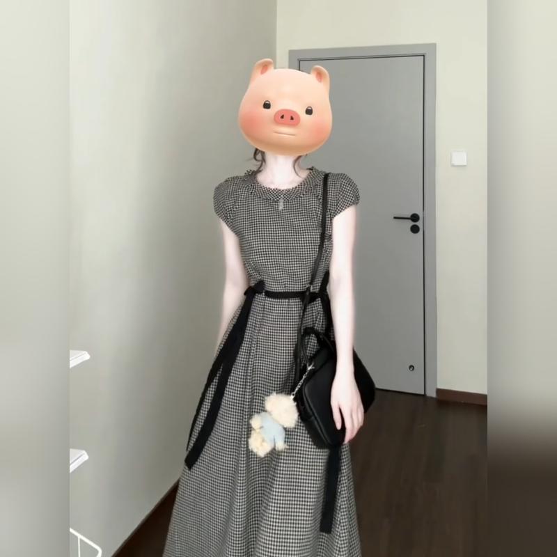ワンピース レディース 黒白格子柄 TR素材 Aライン 半袖 膝下丈 高見え ウエストマーク 春夏 文芸風 レトロ｜シャドーテール