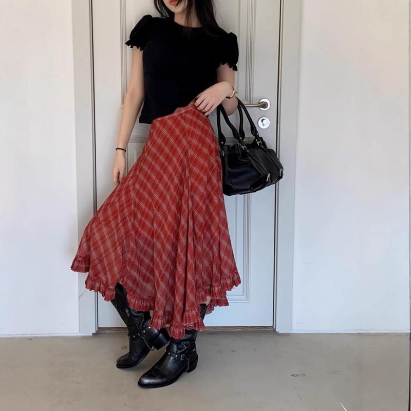 スカート レディース 婦人服 格子柄 中腰 不規則 アシンメトリー 裾フリル シフォン ミモレ丈 レッド系 ブラック系 春 通勤 きれいめ