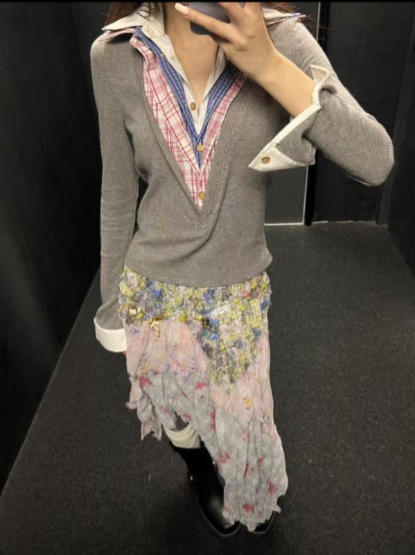 スカート レディース 膝丈 ミディ丈 レトロ チェック柄 花柄 切り替え 不規則 アシンメトリー シフォン セクシー ギャザースカート フレアスカート