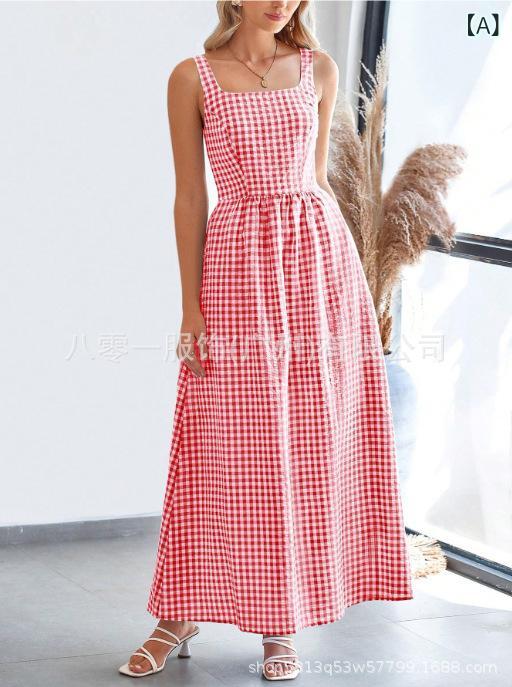 ワンピース レディース 吊りスカート ノースリーブ 膝丈 ミモレ丈 ギャザー Aライン ギンガムチェック 春夏 レッド ブラック ベージュ グリーン ライトブルー ブルー ピンク系 コットン ポリエステル ゆったり 楽ちん デイリー 普段使い