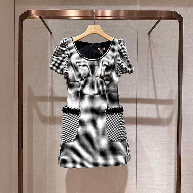 ワンピース レディース 春夏 半袖 Aライン 格子柄 ミドル丈 膝丈 高見え 通勤 きれいめ かわいい 上品