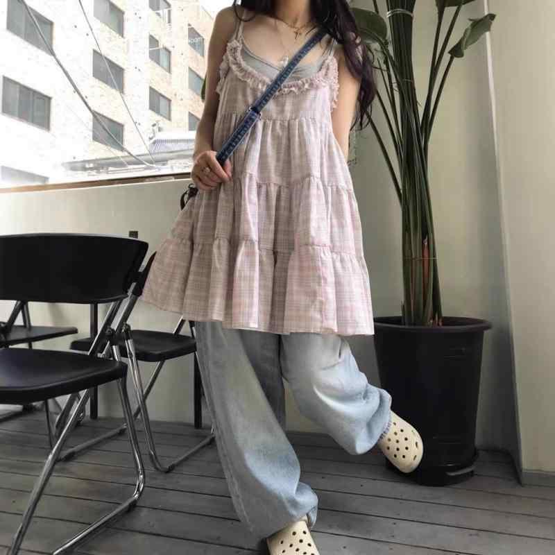 ワンピース レディース 春夏 韓国風 かわいい ガーリー チェック柄 花柄 フリル ノースリーブ 麻 ピンク系 イエロー系
